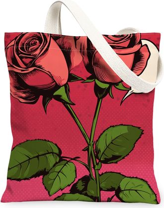 Generic Valentines Day Rose Canvas Tote Bag for Shopping 13x15, Vintage Funky Groovy Romantic Flower Reusable Grocery Print Pattern Bag for Women, Holiday Bea