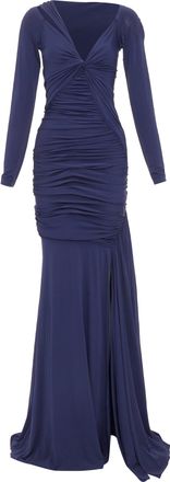 DKNY cold shoulder lunge neck draped grecian gown dress
