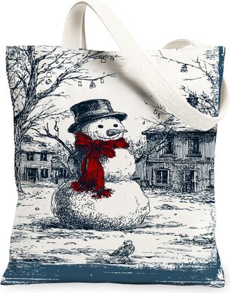 Generic Winter Snow Man Canvas Tote Bags, Classic Winter Design Reusable Grocery Bags, Vintage Lightweight Washable Shoulder Canvas, Blue, 13x15 Inch