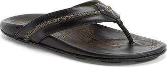 Olukai Mea Ola Flip Flop in Black/Black Leather at Nordstrom, Size 10