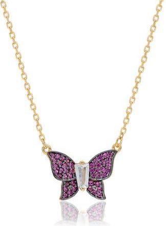 Suzy Levian Cubic Zirconia Butterfly Pav&eacute; Pendant Necklace in Pink at Nordstrom Rack