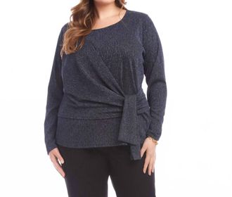 Karen Kane Long Sleeve Metallic Knit Side-Tie Top - Plus In Navy
