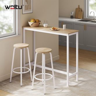 Woltu Woltu Conjunto De Mesa De Bar Con 2 Taburetes, Muebles De Cocina Y Comedor, Acero Y Madera, Roble Claro + Blanco