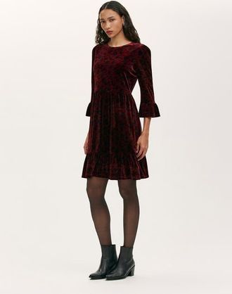 Finery Cammie Animal Print Velvet Short Dress in Burgundy Animal at Nordstrom, Size 16