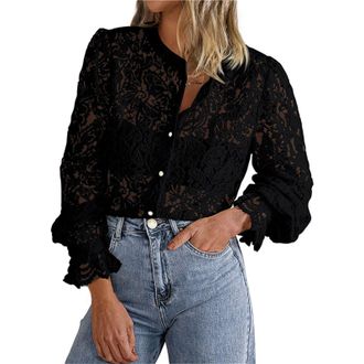 Generic Tops & T-Shirts White Tops for Women UK Womens Womens Casual Lace Blouse Long Sleeve Button Up Shirts Tops Fall Fashion Clothes Small N (Black, M)