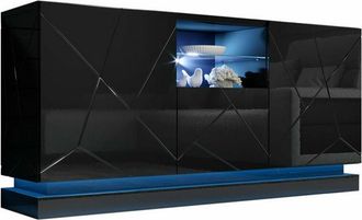 Mirjan24 Aparador Linar, Negro + Negro Brillante, 75x150cm, N&uacute;mero De Puertas: 342cm, Mdf, Led
