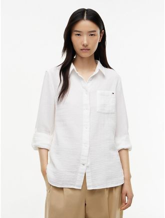 Tommy Hilfiger Womens Gauze Roll-Tab Pocket Shirt - Optic White - XXL