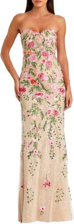 Mac Duggal Floral Embroidered Strapless Bustier Gown in Nude Multi at Nordstrom, Size 6