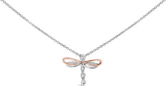 House of Brilliance 14K Rose Gold Plated Sterling Silver 1/10 Cttw Diamond Dragonfly Pendant Necklace