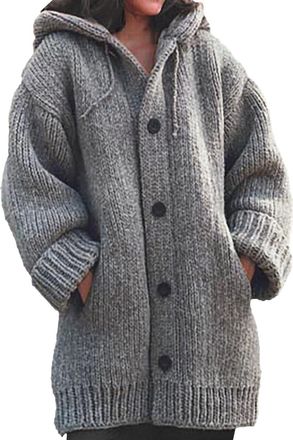 Generic Womens Long Sleeve Knitted Hoodie Cardigan Button Up Thick Warm Sweater Coat with Pockets Gray Medium