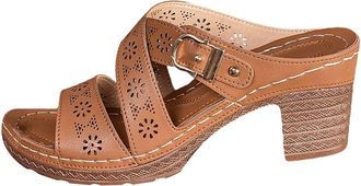 Generic Platform Heels Sandals for Women Mules Shoes for Women Leather Hollow Out Clogs with Block Heel Open Toe Clogs Slip On Non-Slip Sandal Lightweight Wal