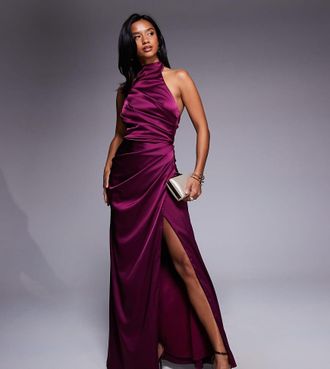 Tfnc Petite Vestito lungo accollato in raso color ciliegia-Rosa