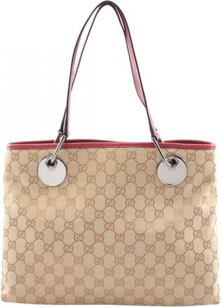 Gucci Beige Bordeaux Canvas Leather Handbag Tote Bag (Pre-Owned)