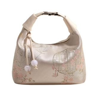Generic Women Embroidery Shoulder Bag Handbag with Pearl Pendant Nylon Sling Bag (White)