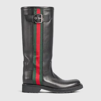 Gucci Womens Biker Boot With Web, Black, Leather