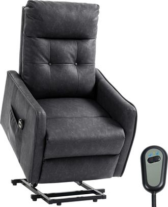 HOMCOM Homcom Sill&oacute;n Relax Reclinable El&eacute;ctrico Levanta Personas, Tapizado En Cuero Pu, Con Control Remoto, Resorte, Reposapi&eacute;s, Bolsillos, Gris