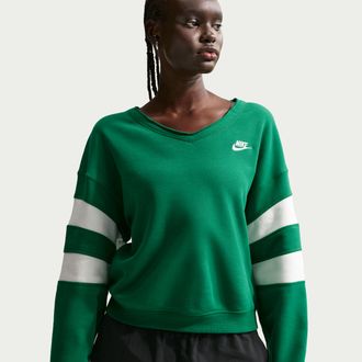 Nike Womens Nike Sportswear Club Fleece Oversized V-Neck Sweatshirt in Green | IQ0084-365