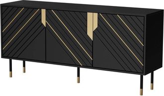 Dmora Credenza Cossogno, Madia da salotto con tre ante battenti e vani interni, Rialzata da terra, 154x40 h72 cm, Nero e Oro
