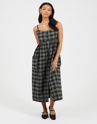 Brave Soul Vestito midi a quadri kaki con bottoni, tasche e spalline sottili-Verde