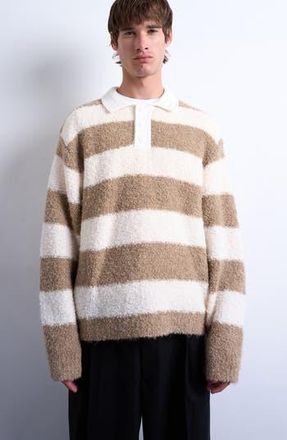 Topman Oversize Stripe Boucl&eacute; Polo Sweater in Brown at Nordstrom Rack, Size Xx-Large