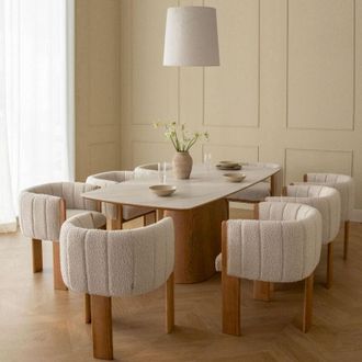 Sklum Sklum - Set tavolo rettangolare 200x100 cm con impiallacciatura in ceramica Aura e 8 sedie da pranzo in tessuto bouclé Leo