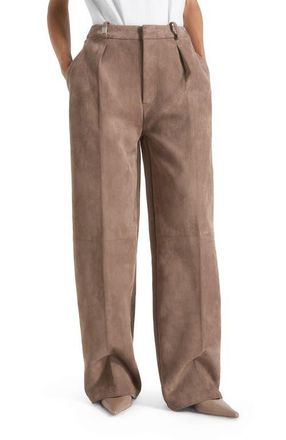 Mani&egrave;re De Voir Solene Suede Wide Leg Pleated Trousers in Taupe at Nordstrom, Size 10