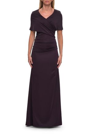 La Femme Jersey Gown with Draped Bodice and Short Sleeves in Eggplant at Nordstrom, Size 14