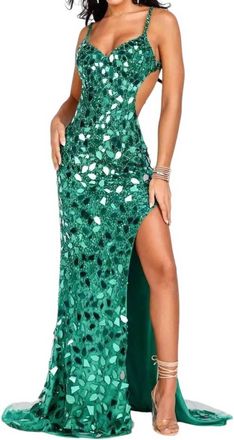 Terani Couture Mirror Embellished Dress With Slit In Emerald