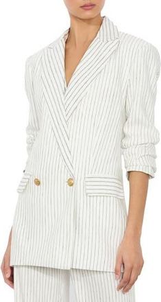 Alice & Olivia Arias Stripe Linen Blend Blazer in Off White/Black at Nordstrom Rack, Size 12