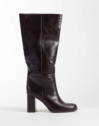 New Look stivali al ginocchio con tacco effetto lamellato in borgogna scuro-Rosso