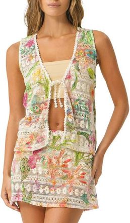 PQ Swim Leni Tie Front Sheer Crop Cotton Blend Lace Cover-Up Top in Paradise Bloom at Nordstrom, Size X-Small