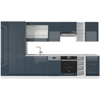 Vicco Mueble de cocina Fame-Line, Azul oscuro alto brillo/blanco, 355 cm sin encimera