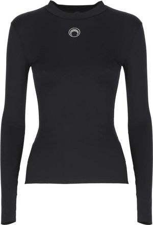 Marine Serre Moon Logo Strass Jersey Ls Highneck Top - Dames - Longsleeves - Zwart - M - Katoen - Tops