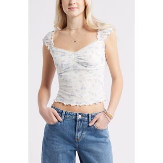 BP. Print Mesh Top in White- Blue Emory Floral at Nordstrom, Size Xx-Small