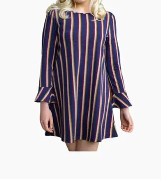 Papillon Multi Stripe Bell Sleeve Dress In Navy