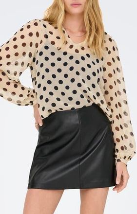 Only Fedja Polka Dot Long Sleeve Woven Top in Frosted Almond/Black Dots at Nordstrom Rack, Size X-Large