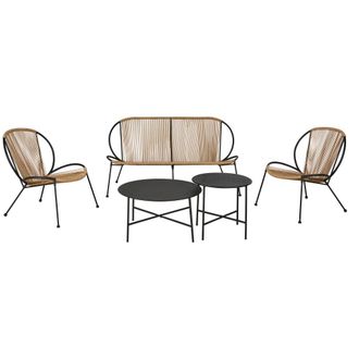 Maisons du monde Conjunto de muebles de jard&iacute;n de 4 plazas de acero negro y resina imitaci&oacute;n rat&aacute;n