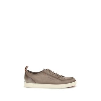 Santoni Beige Calf Leather Bos Taurus Low Top Mens Sneakers