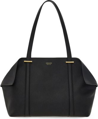 Ferragamo Structured Black Leather Tote Bag with Gold Accents
