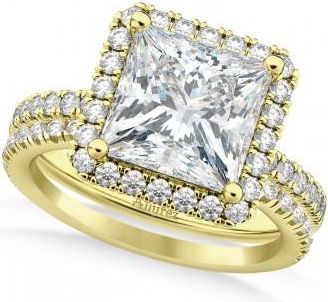 Allurez Lab Grown & White Diamonds Princess-Cut Halo Bridal Set 14K Yellow Gold (3.85ct)