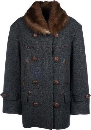 Prada Double-Breasted Chevron Peacoat - Dames - Mantel - Grijs - S - Wol - Jassen