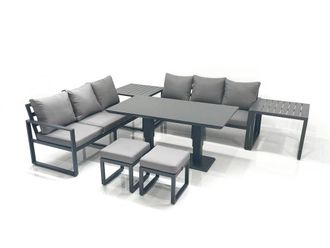 Fimous 8 Seater Aluminium Outdoor Garden Furniture Set w/ Adjustable Rising Lifting Dining Table 3 Seater Sofa 2 Small Footstool 2 Side Tables Dark