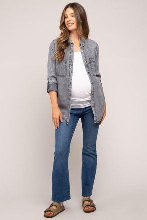 Pinkblush Blue Chambray Rolled Cuff Shirt in Charcoal Grey at Nordstrom, Size Medium