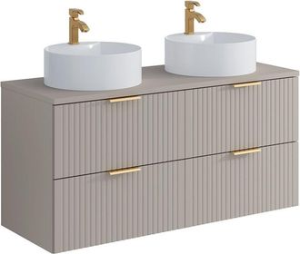 Vente-Unique Mobile per bagno sospeso con scanalature e lavabo doppio da appoggio tondo L120 cm Beige - zevara