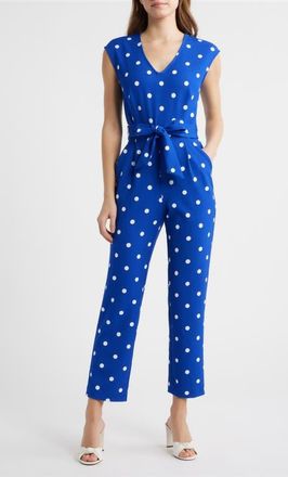 Anne Klein Polka Dot Straight Leg Jumpsuit in Santorini Blue /Crisp White at Nordstrom, Size X-Small P