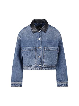 Anine Bing Cropped Blue Denim Jacket With Black Leather Collar