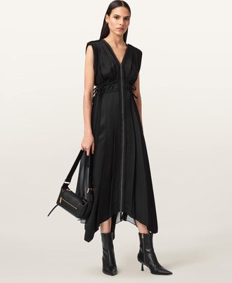 AllSaints Polyester Amala Zip Detail Midi Dress, Size: UK 16/US 12