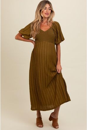 Pinkblush Smocked V-Neck Short Puff Sleeve Textured Midi Dress in Olive Green at Nordstrom, Size Medium