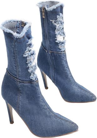 Yarnow Womens High-heeled Denim Boots Slim Thin Heels Non-slip Winter Ankle Boots Light Blue Size 41 for Autumn and Winter