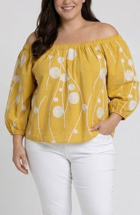 Liverpool L.A. Embroidered Off the Shoulder Woven Cotton Top in Yellow W/Cream Embroidery at Nordstrom, Size 1X